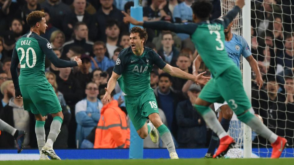 Fernando Llorente celebrates his goal for Tottenham against Man City in the Champions League quarter-final second leg