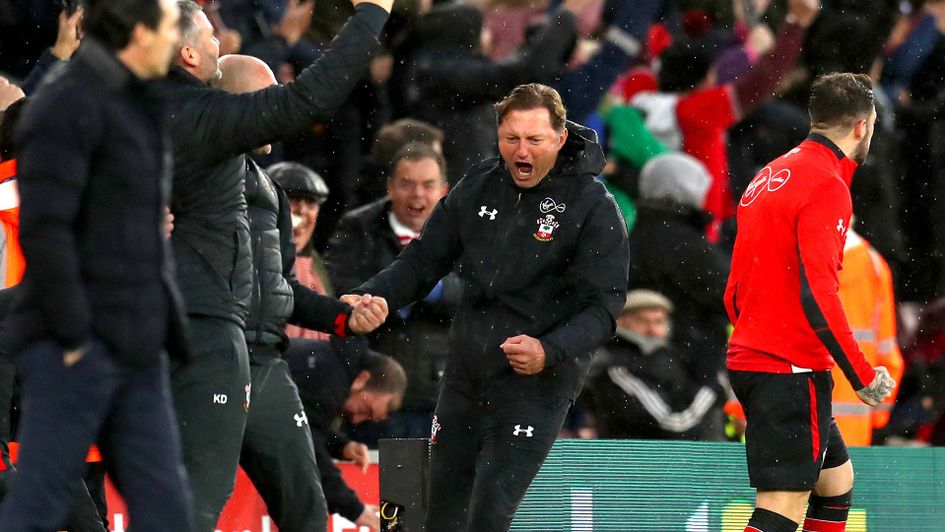 Southampton manager Ralph Hasenhuttl celebrates on the touchline