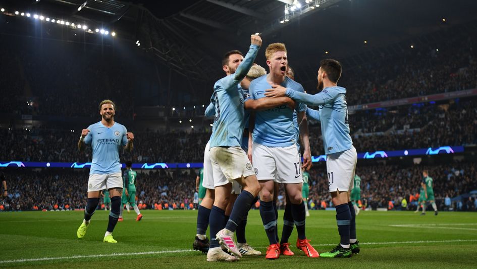 Manchester City players celebrate Sergio Aguero's goal in the Champions League quarter-final second leg against Tottenham