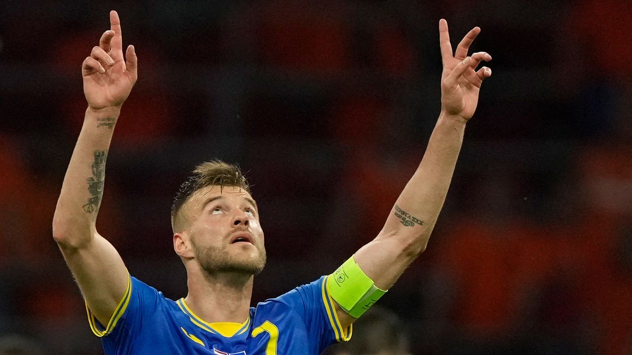Andriy Yarmolenko celebrates his goal against the Netherlands