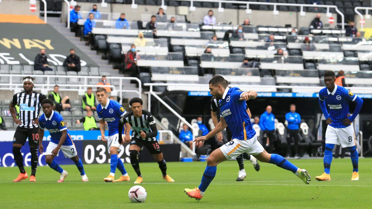 Neal Maupay scores from the spot for Brighton against Newcastle