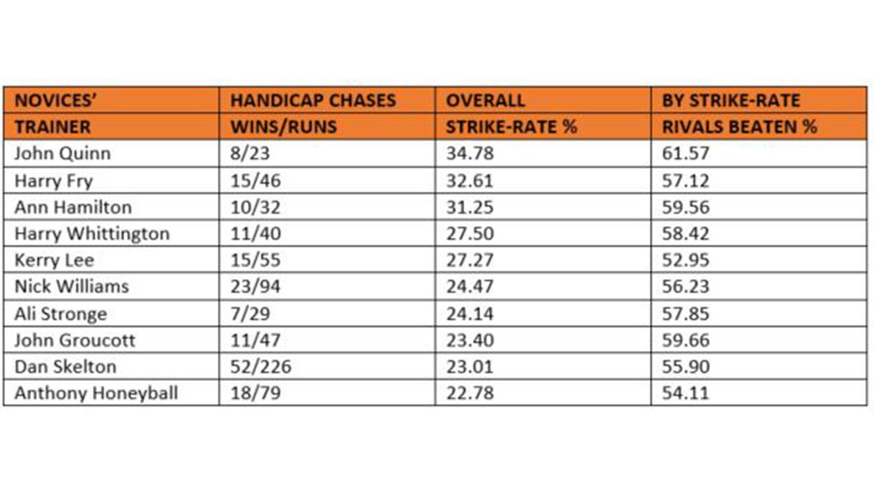 Table 2: UK Trainers in novice handicap chases over 20 runners by strike-rate