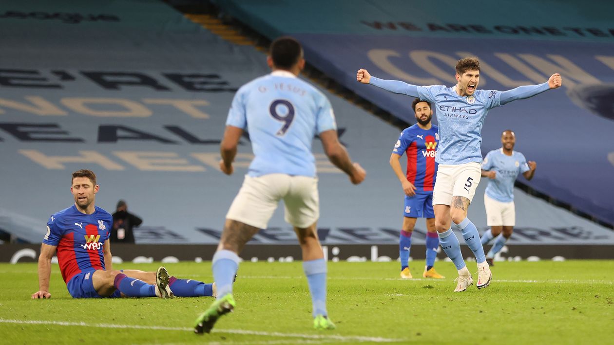 John Stones celebrates his second goal against Crystal Palace