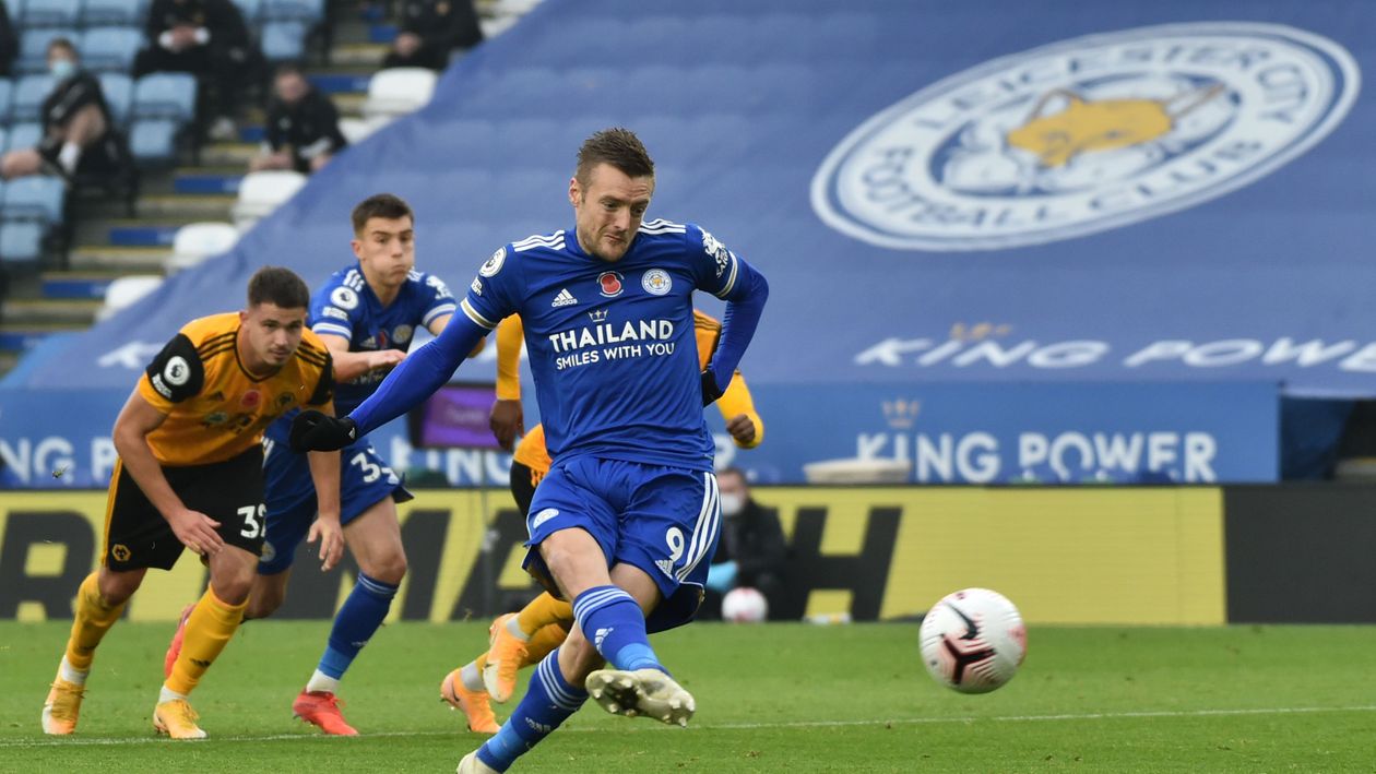 Leicester's Jamie Vary scores a penalty against Wolves