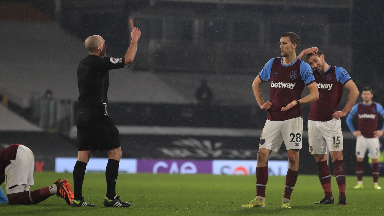 Tomas Soucek is shown a red card