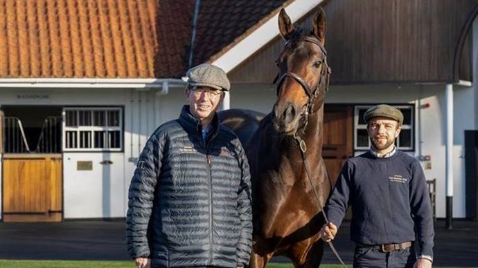Teddy Grimthorpe with Lope Y Fernandez and Stallion Manager Luke Strong at The National Stud