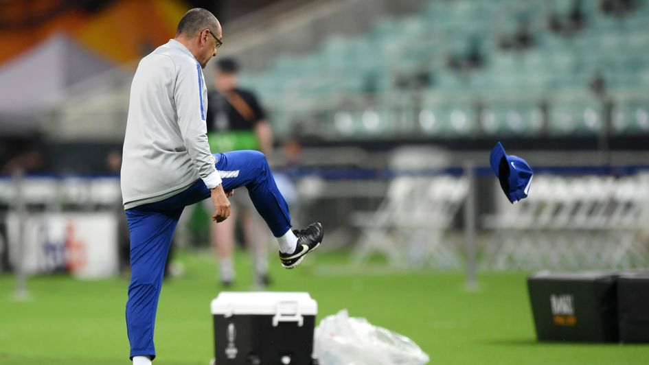 Maurizio Sarri kicks his hat in frustration ahead of Chelsea's Europa League final with Arsenal