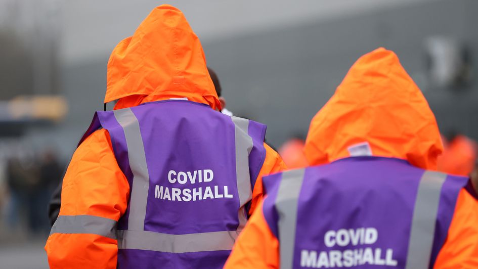 Covid-19 marshals prior to the Premier League match between Leeds and Arsenal at Elland Road