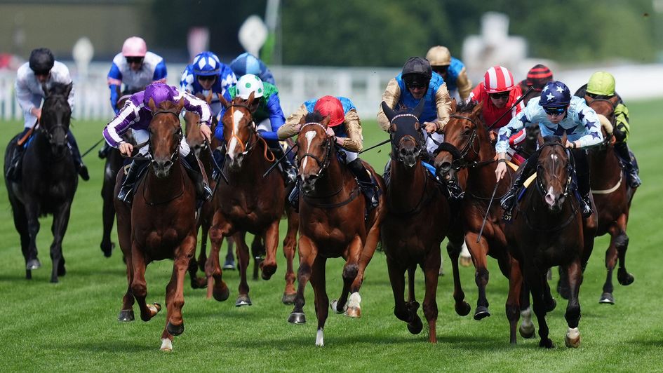 Great Barrier Reef (purple and white silks) wins the Coventry Stakes