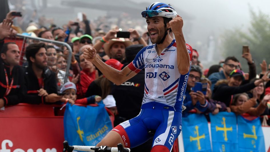 Thibaut Pinot celebrates his stage 15 La Vuelta win