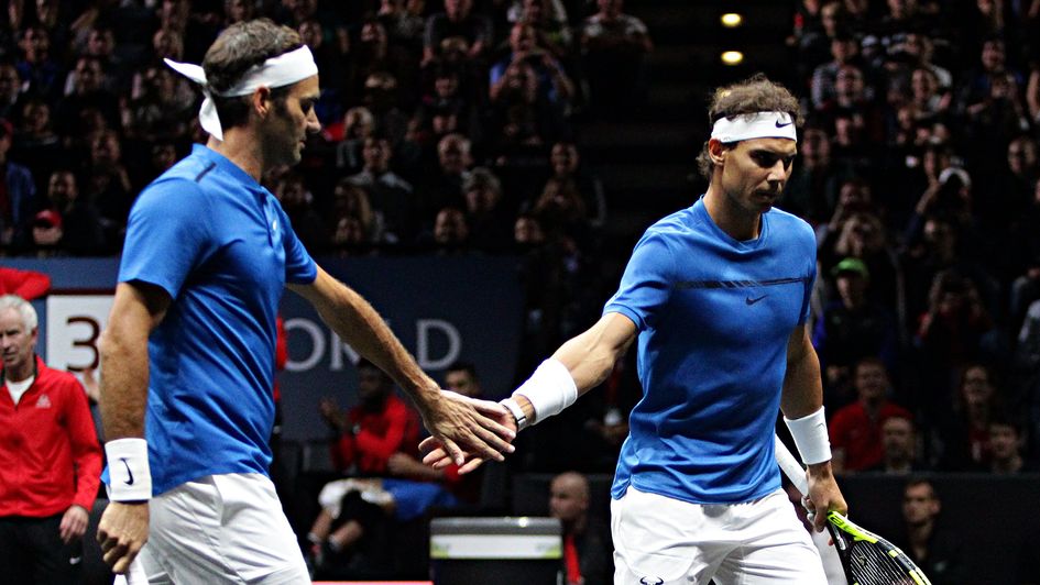 Roger Federer and Rafael Nadal in action at the Laver Cup
