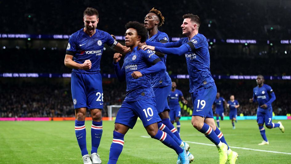 Willian celebrates scoring for Chelsea at Tottenham in the Premier League