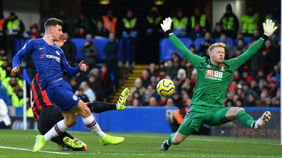 Mason Mount has a shot saved by Aaron Ramsdale during Chelsea v Bournemouth in the Premier League