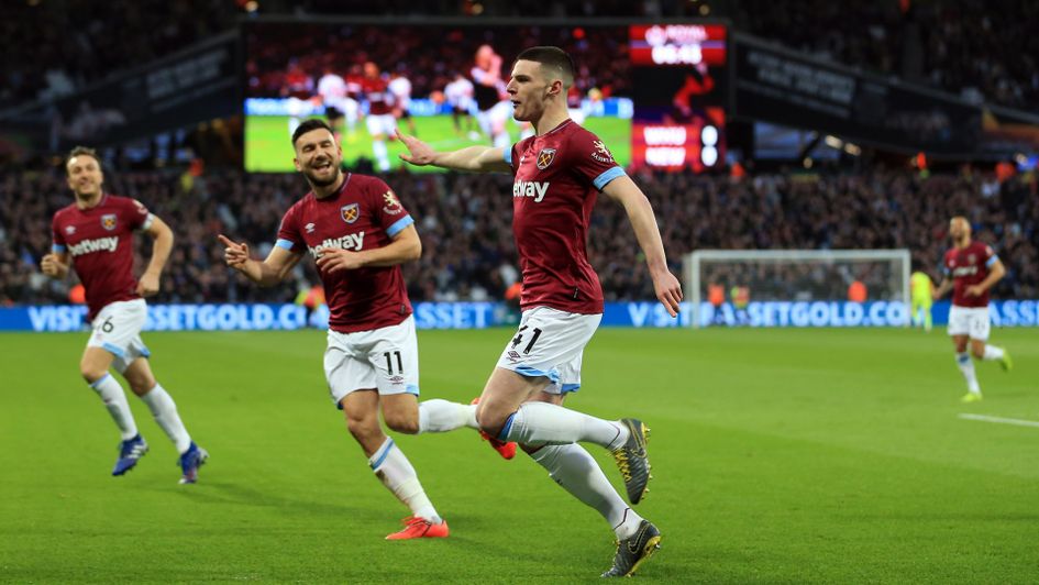 Declan Rice celebrates his goal for West Ham against Newcastle in the Premier League
