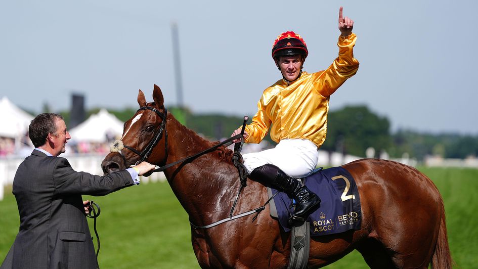 Gary Carroll celebrates on Cercene after winning the the Coronation Stakes
