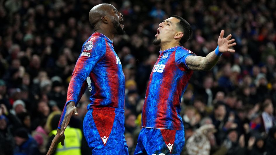 Jean-Philippe Mateta celebrates with Crystal Palace team-mate Daniel Munoz