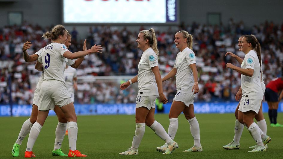 England celebrate a goal against Norway