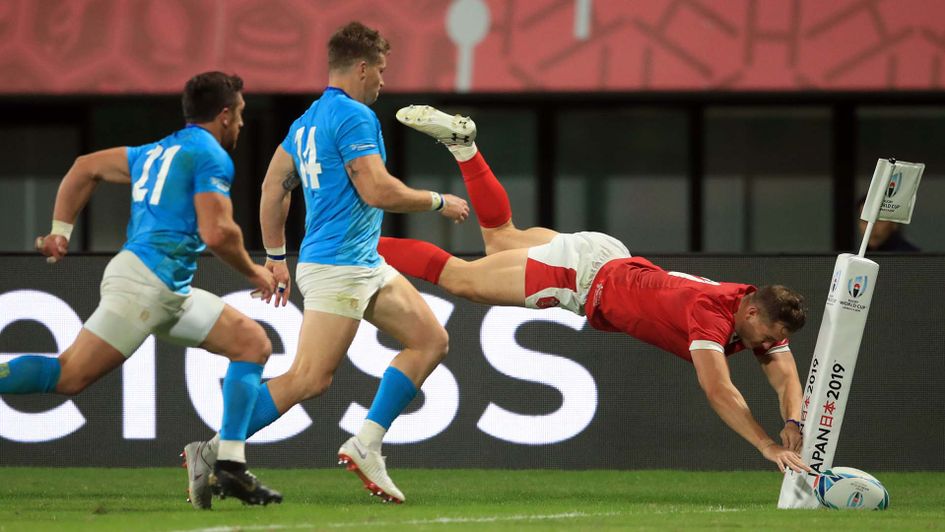 Hallam Amos had this diving try disallowed as Wales beat Uruguay in the Rugby World Cup