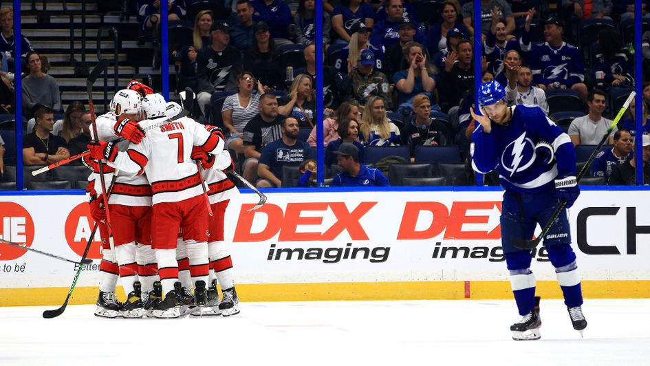 Carolina Hurricanes celebrate a Jordan Martinook goal