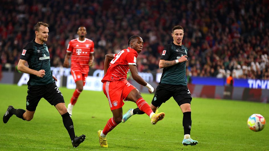 Mathys Tel scores a goal against Werder Bremen
