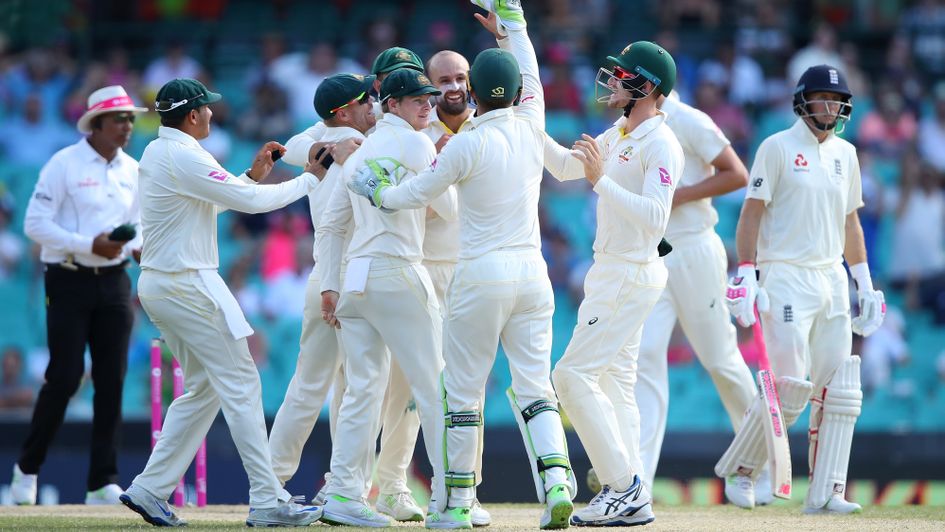 Nathan Lyon celebrates the wicket of Dawid Malan