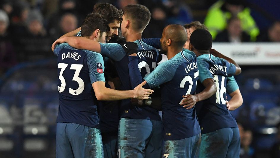 Tottenham celebrate after Serge Aurier's goal against Tranmere