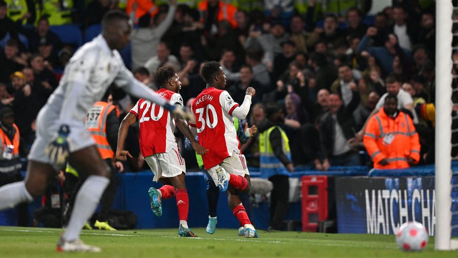 Eddie Nketiah celebrates his second goal against Chelsea
