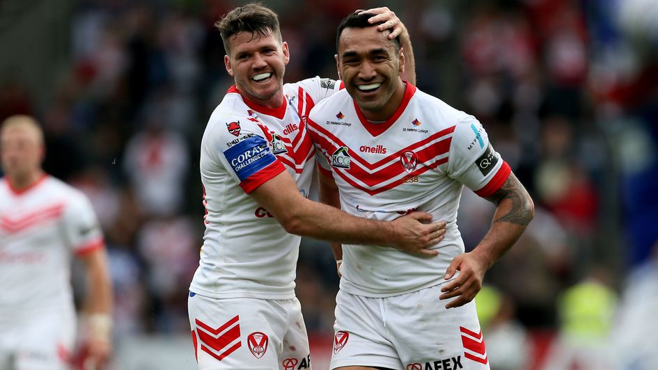 Lachlan Coote (left) celebrates with Zeb Taia during St Helens' Challenge Cup quarter-final win over Wakefield