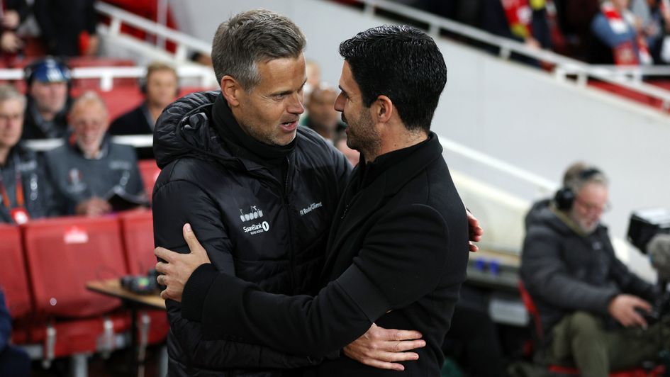 Kjetil Knutsen with Arsenal boss Mikel Arteta