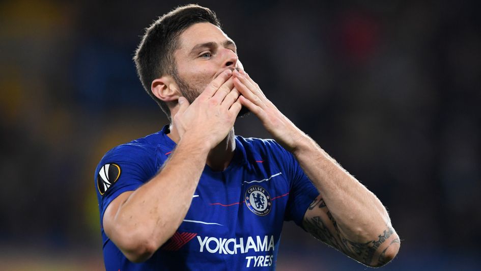 Olivier Giroud celebrates putting Chelsea in front against PAOK Salonika