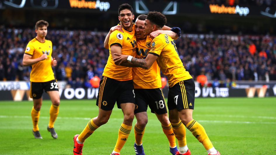 Wolves celebrate Diogo Jota's goal against Cardiff in the Premier League