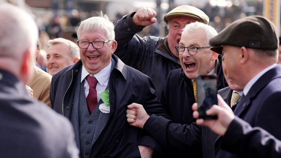 Sir Alex and Paul Nicholls celebrate Caldwell Potter winning at Cheltenham