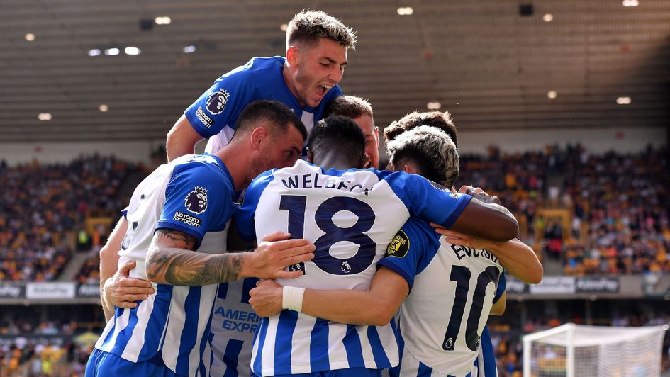 Brighton celebrate a Solly March goal against Wolves