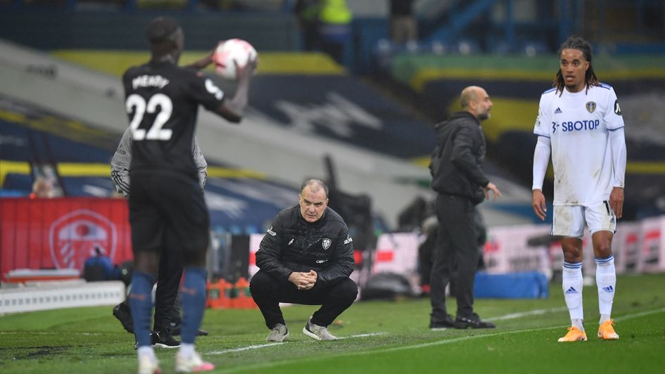 Leeds boss Marcelo Bielsa watches on
