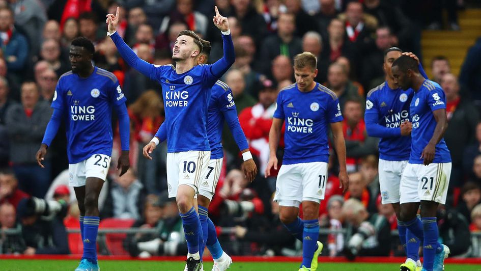 James Maddison celebrates scoring for Leicester City against Liverpool