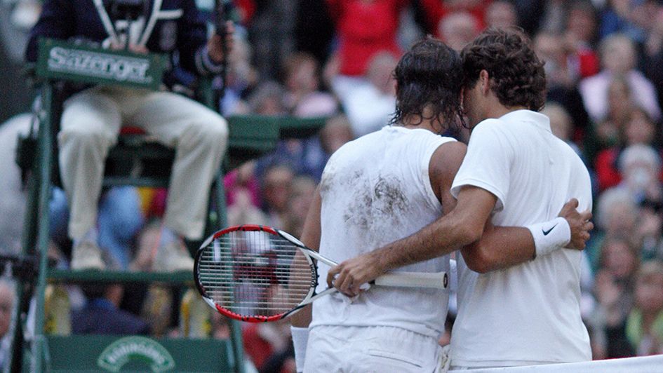 Two legends of the game embrace after the 2008 Wimbledon final