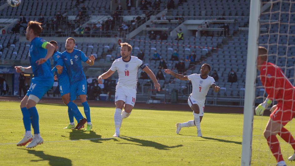 Harry Kane and Raheem Sterling in action for England against Iceland in the Nations League