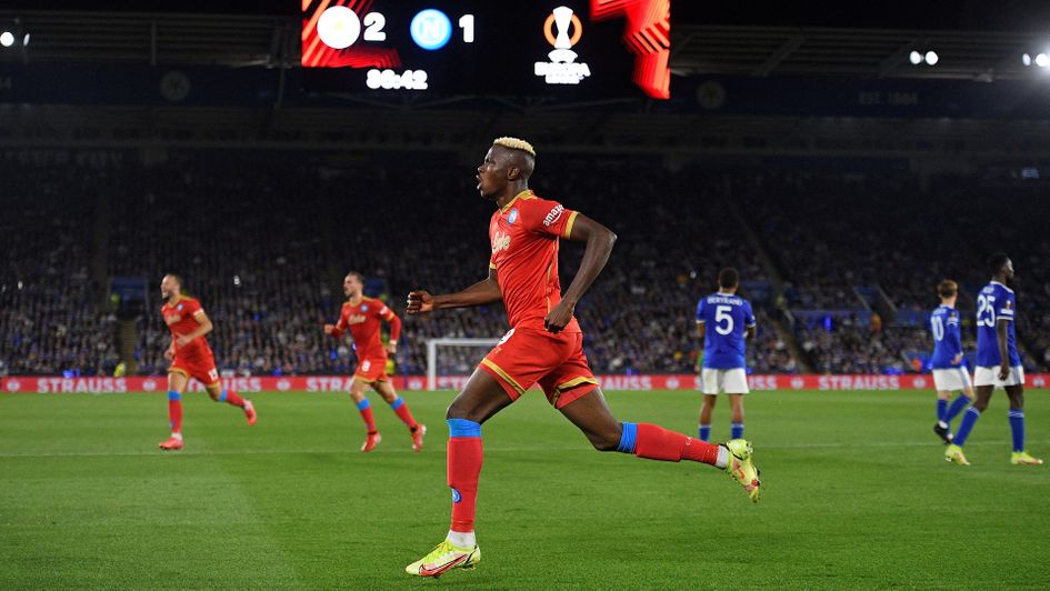 Napoli's Victor Osimhen celebrates his late equaliser in Leicester