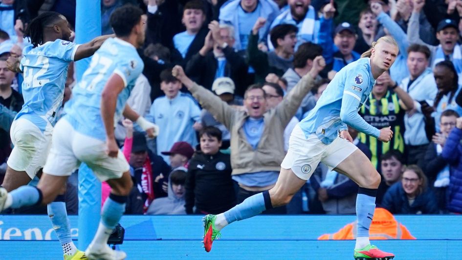 Manchester City's Erling Haaland celebrates after scoring his side's second goal during the English Premier League soccer match between Manchester City and and Arsenal
