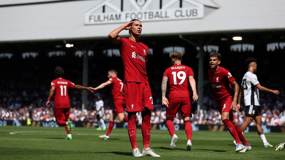 Darwin Nunez salutes the Liverpool fans after scoring on the opening day at Fulham