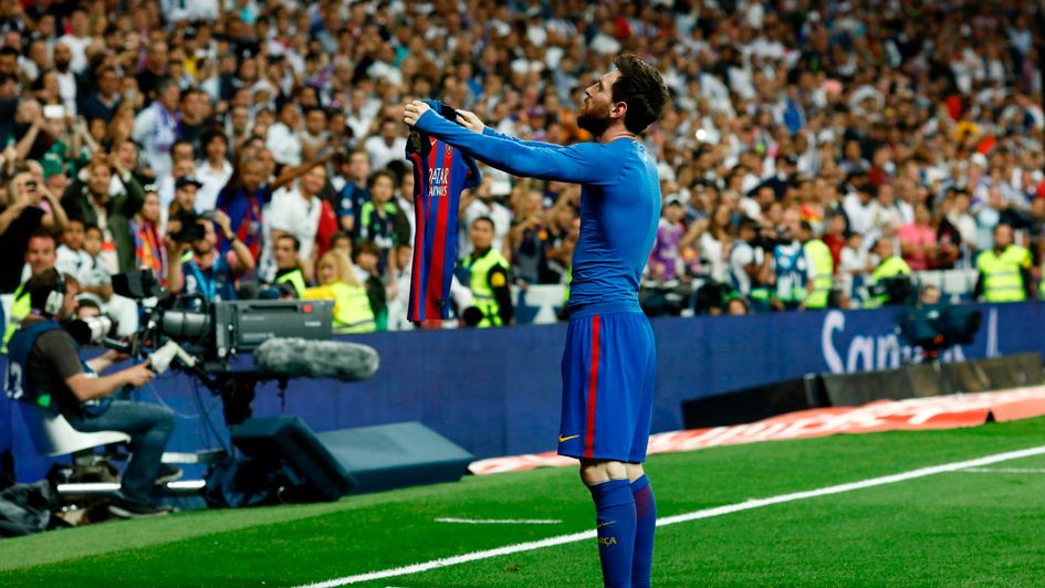 Lionel Messi celebrates in front of Real Madrid fans in 2017