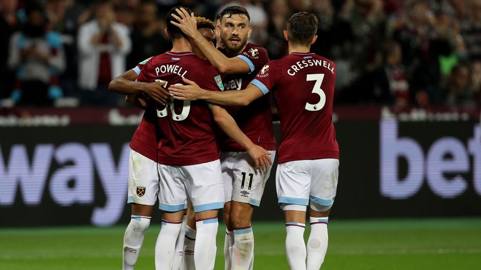 West Ham players celebrate a goal in the thrashing of Macclesfield