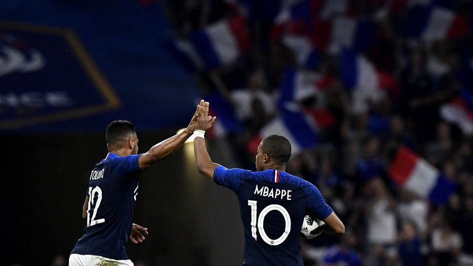 Kylian Mbappe (right) celebrates with Corentin Tolisso (left) after scoring for France v USA