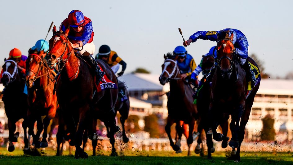 Victoria Road (blue sleeves) was a narrow winner of the Juvenile Turf (image courtesy of the Breeders' Cup)