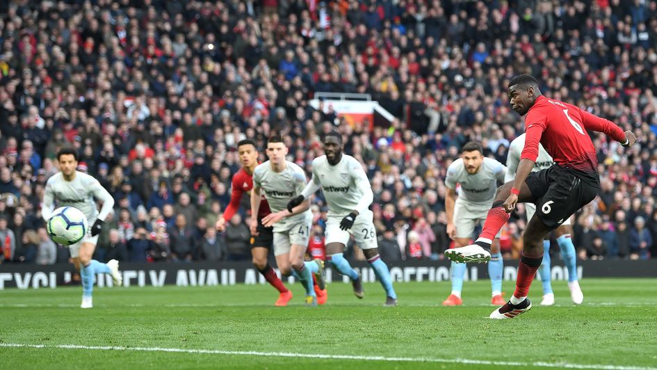 Paul Pogba scores his second penalty against West Ham