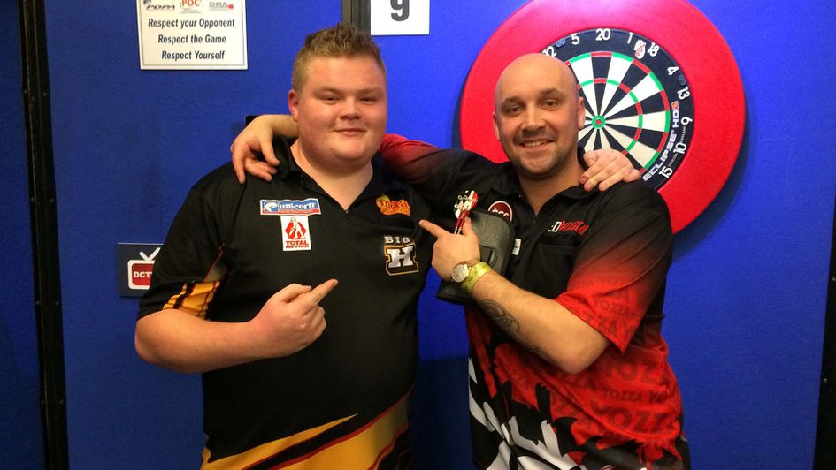 Harry Ward (L) and Jamie Hughes (R) after winning PDC Tour cards at Qualifying School in Wigan