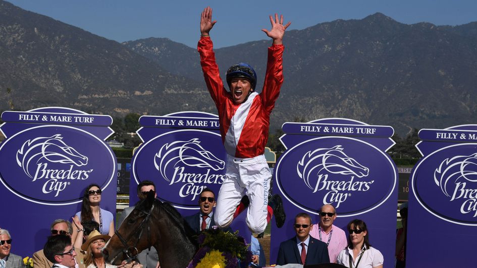 Frankie Dettori celebrates after riding Queen's Trust to win the Breeders' Cup Filly and Mare Turf