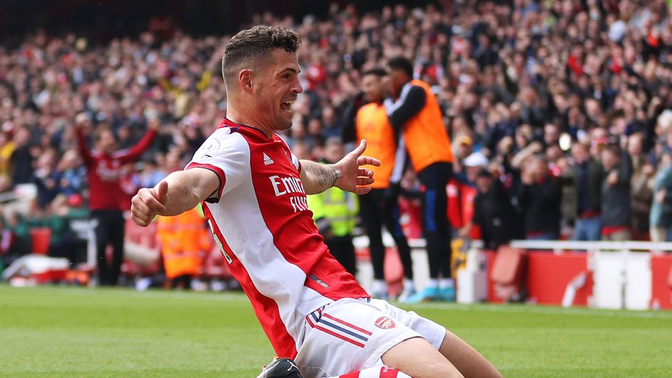 Granit Xhaka celebrates scoring Arsenal's third goal in victory over Manchester United