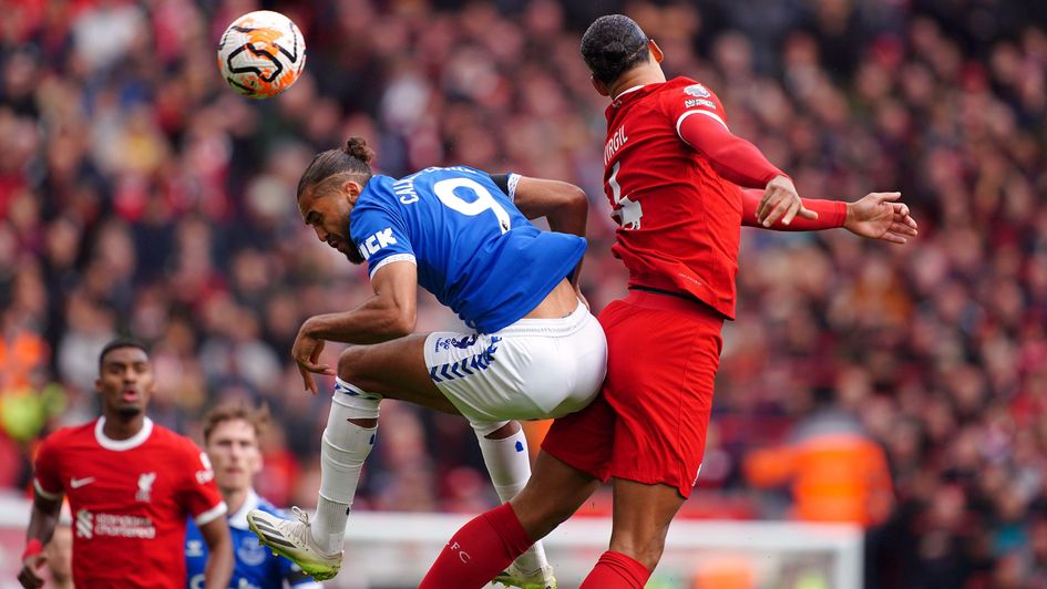 Dominic Calvert-Lewin and Virgil van Dijk battle for the ball