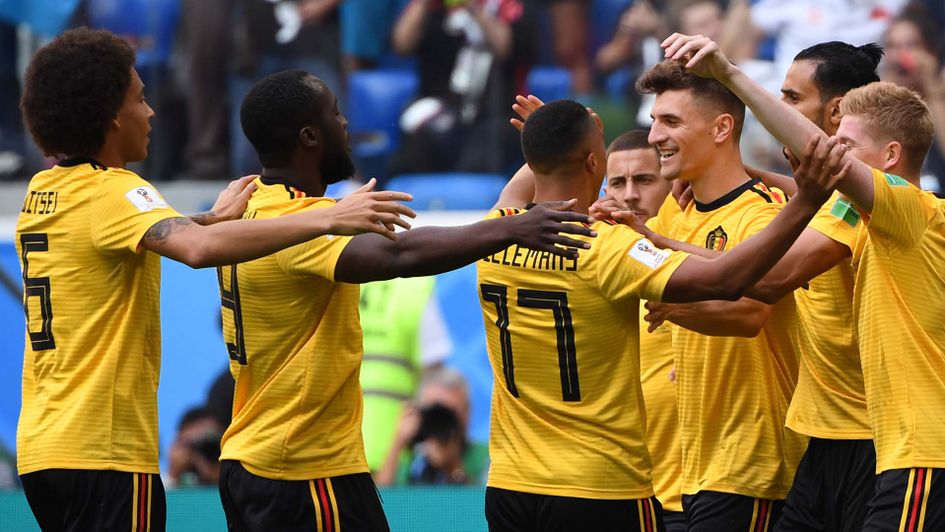 Belgium celebrate a goal against England in the World Cup